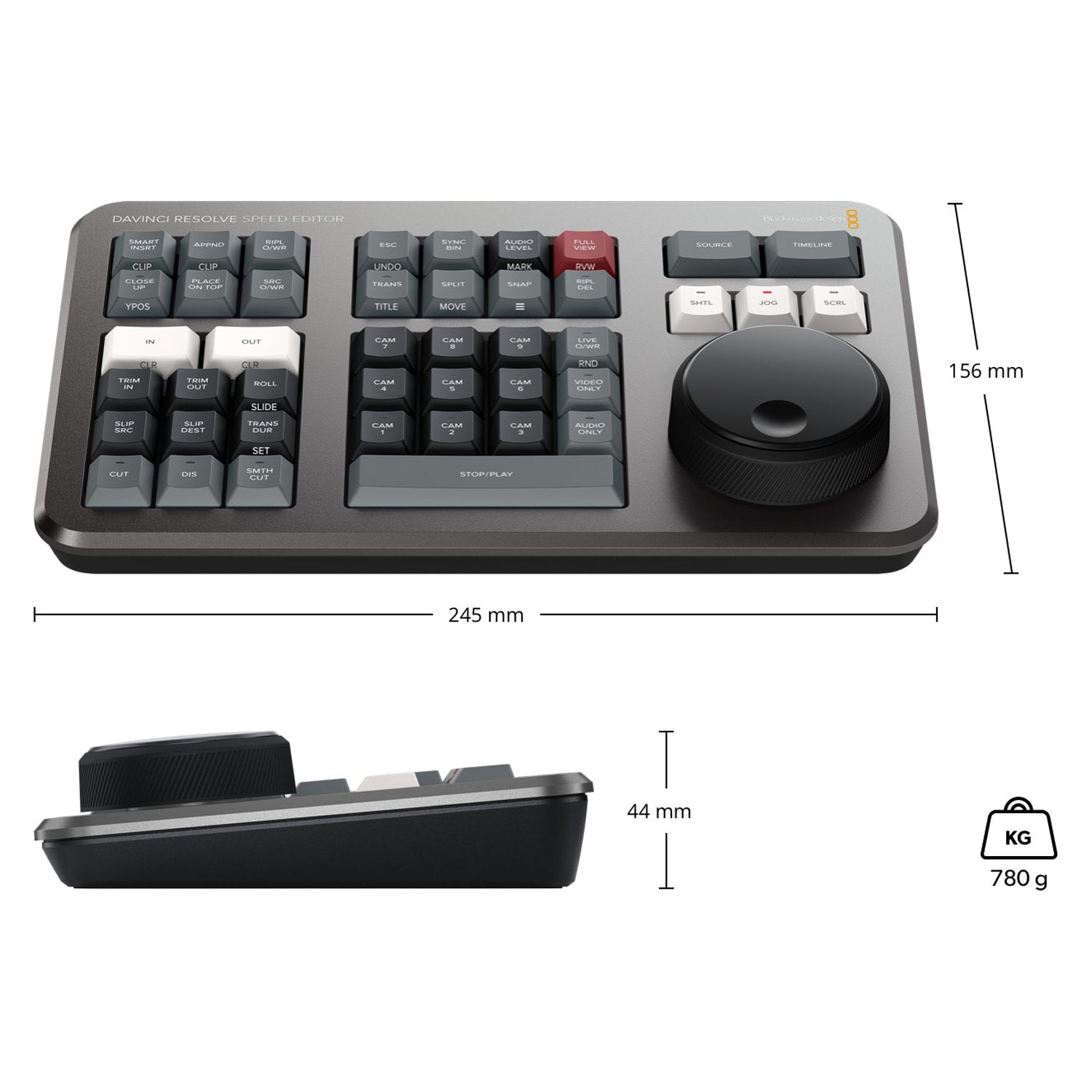 The DaVinci Resolve Speed Editor makes editing faster and easier with a tactile dial, source tape, live trimming, with wireless or USB connection.