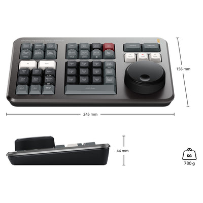 The DaVinci Resolve Speed Editor makes editing faster and easier with a tactile dial, source tape, live trimming, with wireless or USB connection.