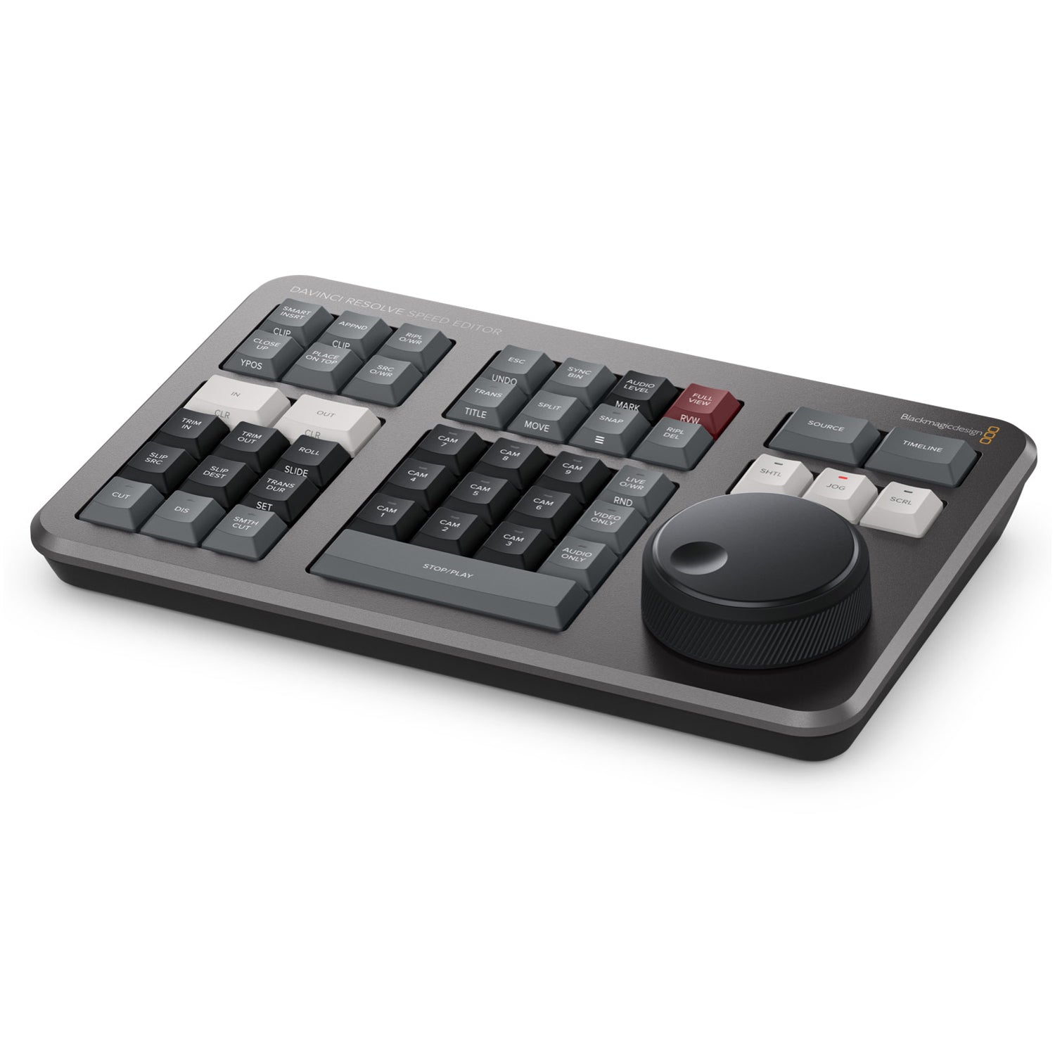 The DaVinci Resolve Speed Editor makes editing faster and easier with a tactile dial, source tape, live trimming, with wireless or USB connection.