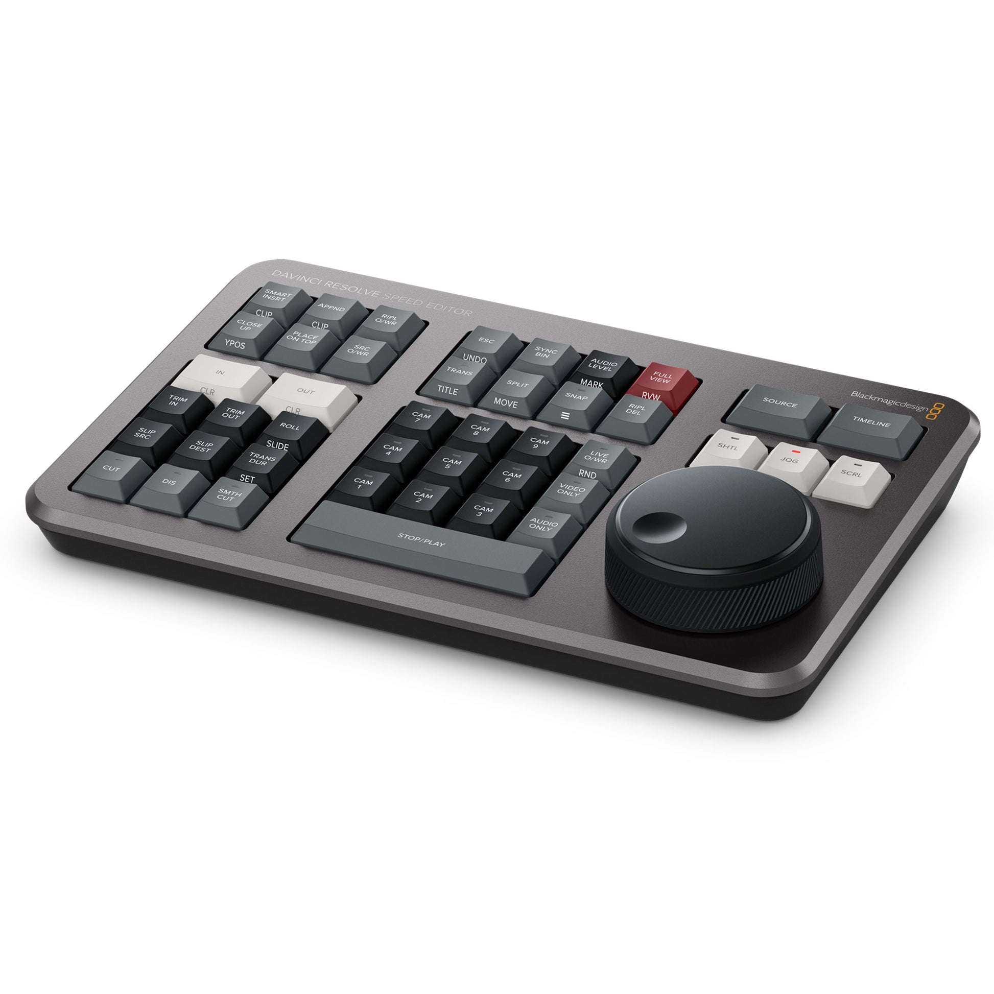 The DaVinci Resolve Speed Editor makes editing faster and easier with a tactile dial, source tape, live trimming, with wireless or USB connection.
