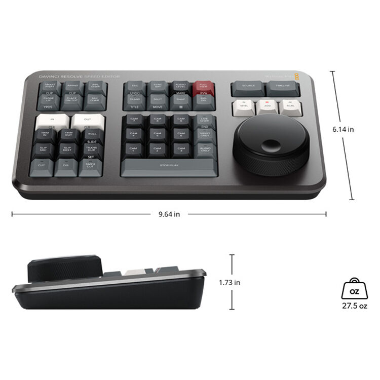 The DaVinci Resolve Speed Editor makes editing faster and easier with a tactile dial, source tape, live trimming, with wireless or USB connection.
