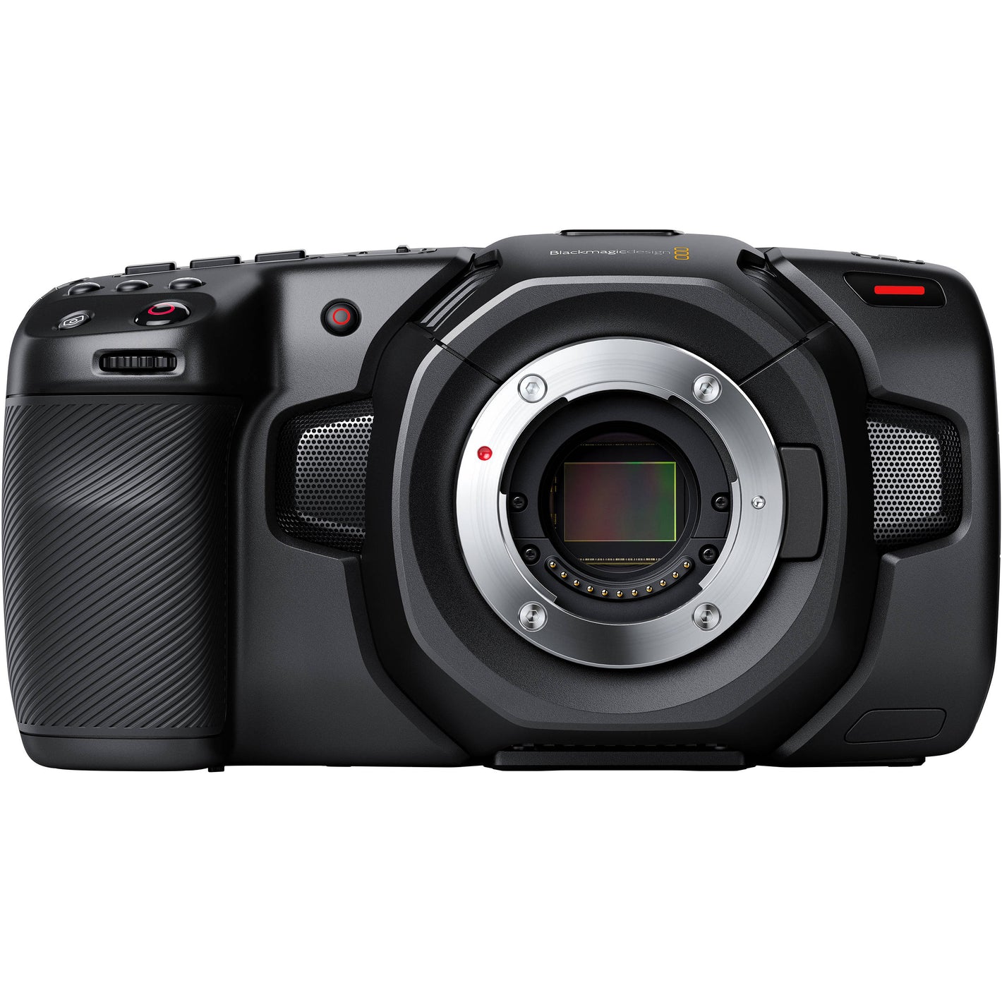 Blackmagic Design Pocket Cinema Camera 4K (Body Only) with a 4/3-inch HDR sensor offering 4096 x 2160 resolution, 13 stops dynamic range, dual native ISO up to 25,600, Micro Four Thirds lens mount, 5-inch touchscreen, professional audio inputs, and recording in Blackmagic RAW and ProRes formats.