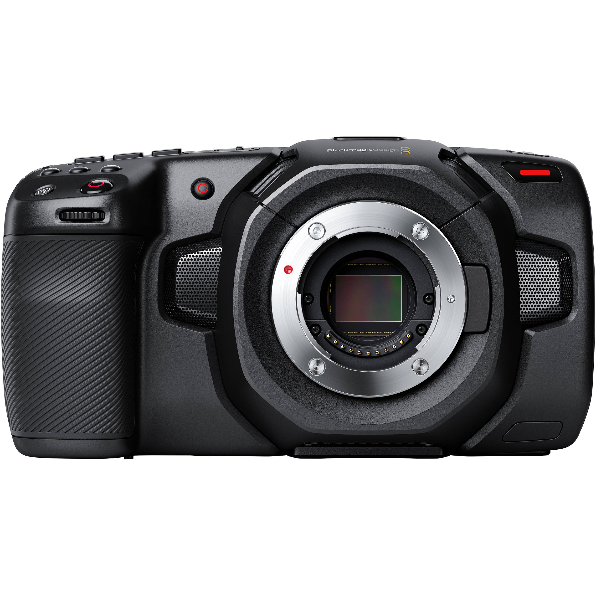 Blackmagic Design Pocket Cinema Camera 4K (Body Only) with a 4/3-inch HDR sensor offering 4096 x 2160 resolution, 13 stops dynamic range, dual native ISO up to 25,600, Micro Four Thirds lens mount, 5-inch touchscreen, professional audio inputs, and recording in Blackmagic RAW and ProRes formats.