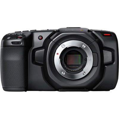 Blackmagic Design Pocket Cinema Camera 4K (Body Only) with a 4/3-inch HDR sensor offering 4096 x 2160 resolution, 13 stops dynamic range, dual native ISO up to 25,600, Micro Four Thirds lens mount, 5-inch touchscreen, professional audio inputs, and recording in Blackmagic RAW and ProRes formats.