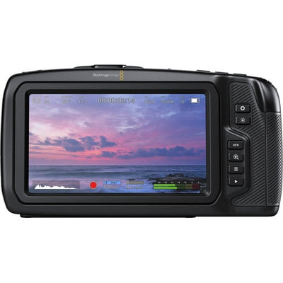 Blackmagic Design Pocket Cinema Camera 4K (Body Only) with a 4/3-inch HDR sensor offering 4096 x 2160 resolution, 13 stops dynamic range, dual native ISO up to 25,600, Micro Four Thirds lens mount, 5-inch touchscreen, professional audio inputs, and recording in Blackmagic RAW and ProRes formats.