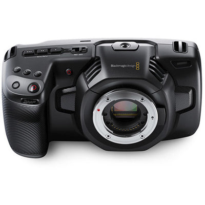 Blackmagic Design Pocket Cinema Camera 4K (Body Only) with a 4/3-inch HDR sensor offering 4096 x 2160 resolution, 13 stops dynamic range, dual native ISO up to 25,600, Micro Four Thirds lens mount, 5-inch touchscreen, professional audio inputs, and recording in Blackmagic RAW and ProRes formats.