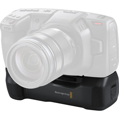 The Blackmagic Pocket Battery Grip lets you replace the standard LP‑E6 battery with two L‑series batteries so you can shoot for over 2 hrs on a single charge.