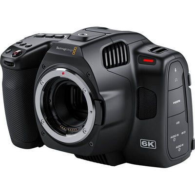 Blackmagic Design Pocket Cinema Camera 6K Pro (Canon EF) with Super35 HDR sensor, Gen 5 colour science, bright 1500 cd/m² tilting HDR LCD, built-in motorized ND filters (2,4,6 stops), Canon EF mount with active lens control, dual mini-XLR inputs, NP-F570 L-series battery, and Blackmagic RAW recording support.
