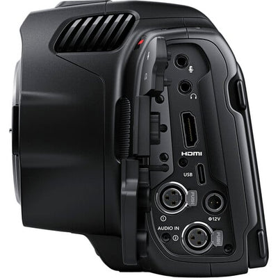 Blackmagic Design Pocket Cinema Camera 6K Pro (Canon EF) with Super35 HDR sensor, Gen 5 colour science, bright 1500 cd/m² tilting HDR LCD, built-in motorized ND filters (2,4,6 stops), Canon EF mount with active lens control, dual mini-XLR inputs, NP-F570 L-series battery, and Blackmagic RAW recording support.