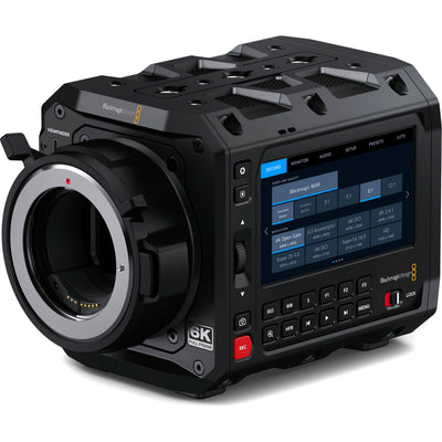 Blackmagic Design PYXIS Cinema Camera 6K (Canon EF) with full-frame 6K sensor, Canon EF lens mount, 13 stops dynamic range, dual native ISO, 4" HDR touchscreen, dual CFexpress slots, and built-in streaming capabilities.