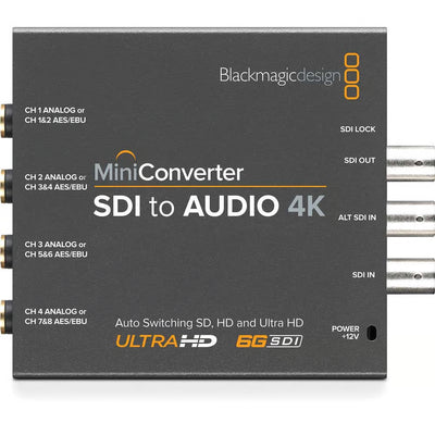 Blackmagic SDI to Audio 4K Mini Converter enables you to de-embed analogue audio or AES/EBU digital audio from an SDI video signal.
