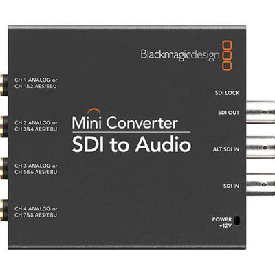 The Blackmagic SDI to Audio Mini Converter de-embeds up to four channels of balanced analogue or eight channels of AES/EBU audio from an SDI video connection.