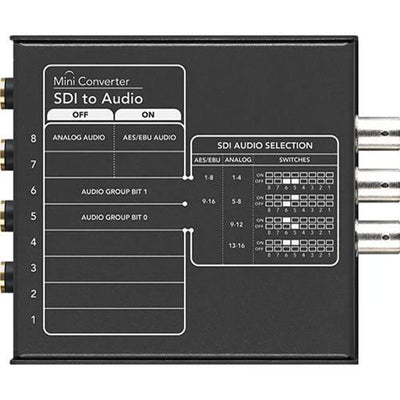 The Blackmagic SDI to Audio Mini Converter de-embeds up to four channels of balanced analogue or eight channels of AES/EBU audio from an SDI video connection.