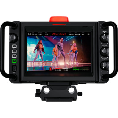 Blackmagic Design Studio Camera 4K Plus G2 with MFT lens mount, 4K UHD 3840x2160 sensor, 25,600 ISO, 12G-SDI and HDMI outputs, 7" LCD viewfinder with sunshade, Blackmagic RAW recording, and built-in DaVinci Resolve colour correction.