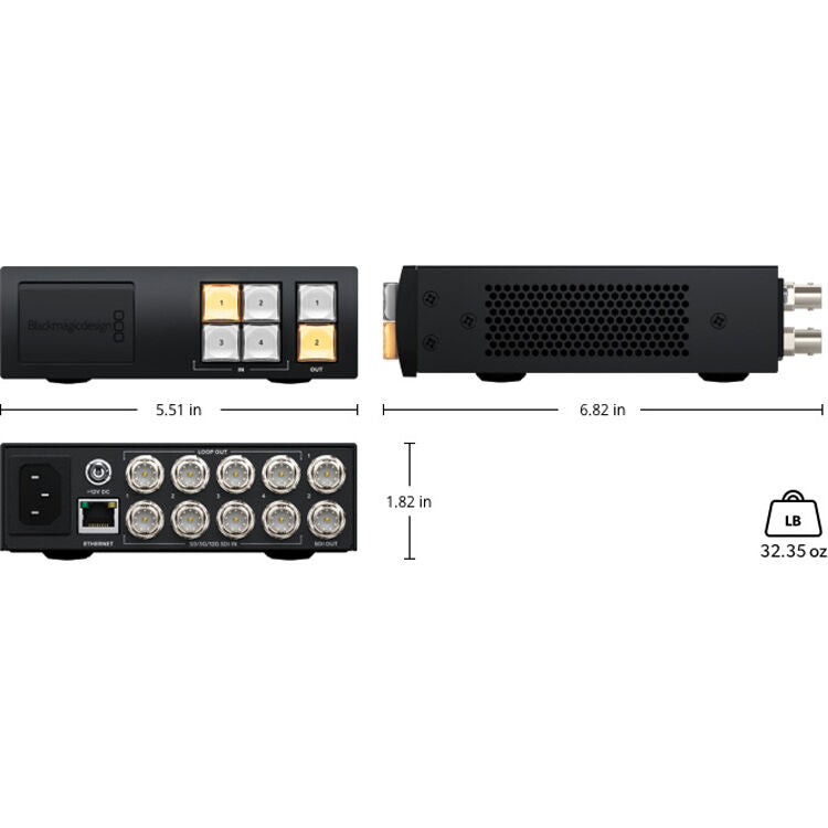 Route multiple SD, HD, and Ultra HD signals simultaneously with the Blackmagic Videohub Mini’s 12G-SDI connections, supporting any format up to 2160p60.