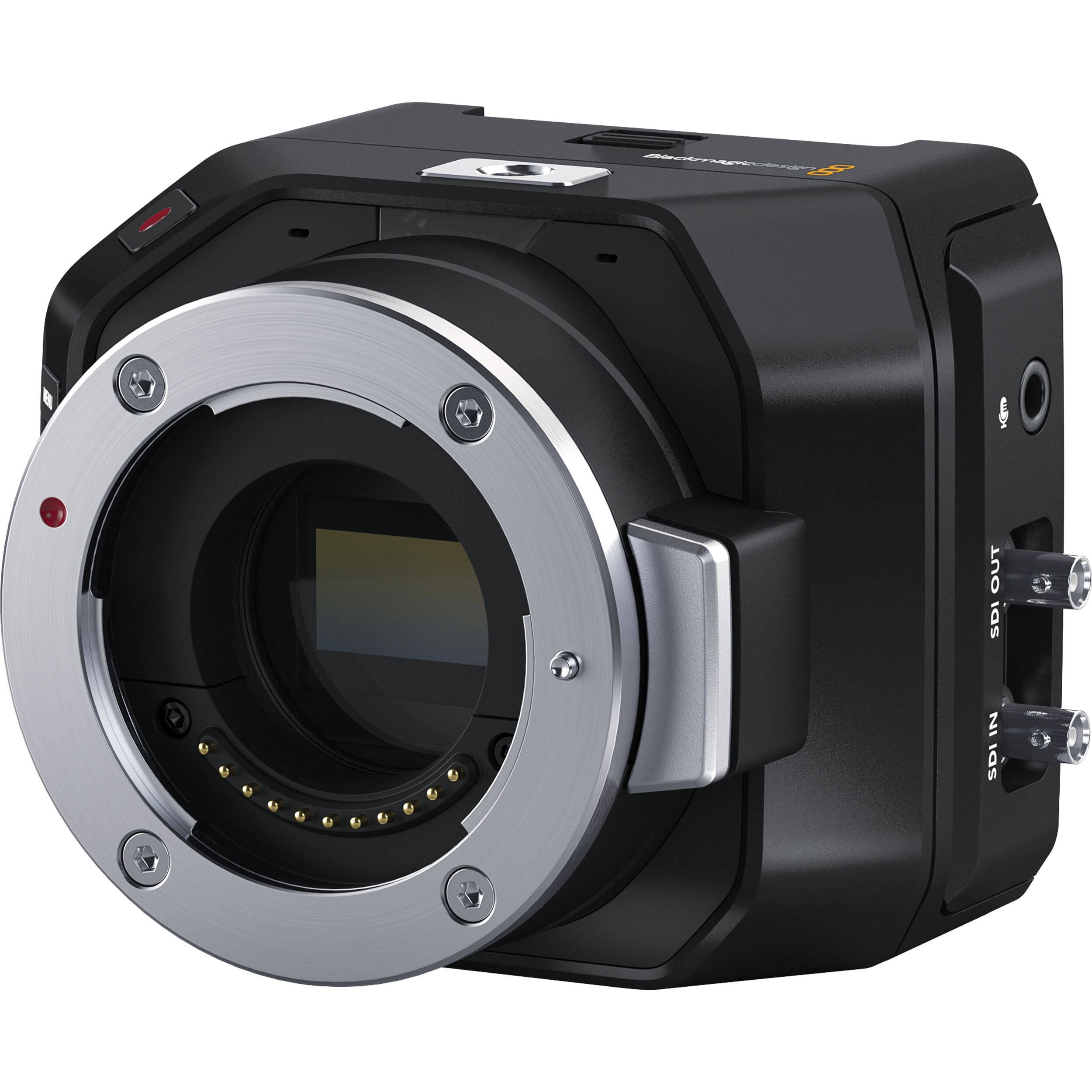 Blackmagic Design Micro Studio Camera 4K G2, a compact Ultra HD broadcast camera with Micro Four Thirds lens mount, 4K 3840x2160p60 sensor with 13 stops dynamic range, 12G-SDI and HDMI output, built-in color corrector, USB-C expansion, Canon LP-E6 battery slot, and remote control via SDI, HDMI, or USB.