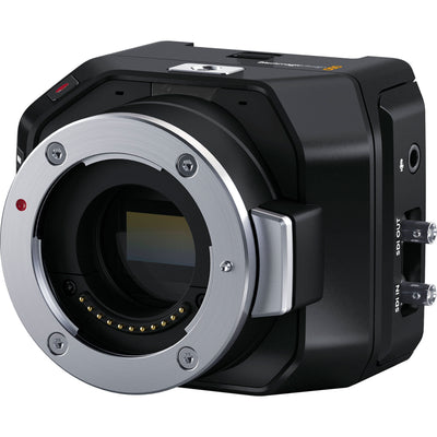 Blackmagic Design Micro Studio Camera 4K G2, a compact Ultra HD broadcast camera with Micro Four Thirds lens mount, 4K 3840x2160p60 sensor with 13 stops dynamic range, 12G-SDI and HDMI output, built-in color corrector, USB-C expansion, Canon LP-E6 battery slot, and remote control via SDI, HDMI, or USB.
