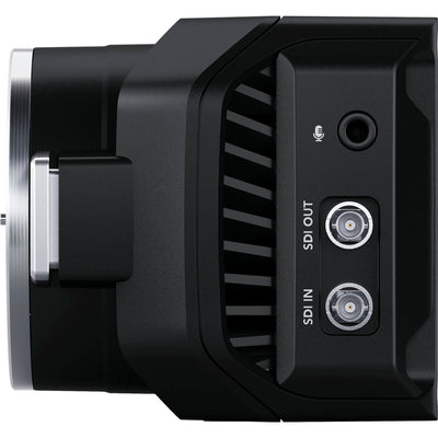 Blackmagic Design Micro Studio Camera 4K G2, a compact Ultra HD broadcast camera with Micro Four Thirds lens mount, 4K 3840x2160p60 sensor with 13 stops dynamic range, 12G-SDI and HDMI output, built-in color corrector, USB-C expansion, Canon LP-E6 battery slot, and remote control via SDI, HDMI, or USB.