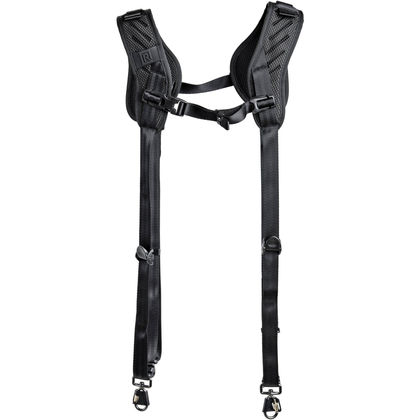 Double camera harness on white background