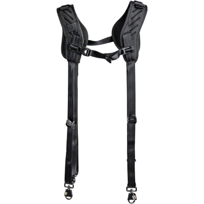 Double camera harness on white background