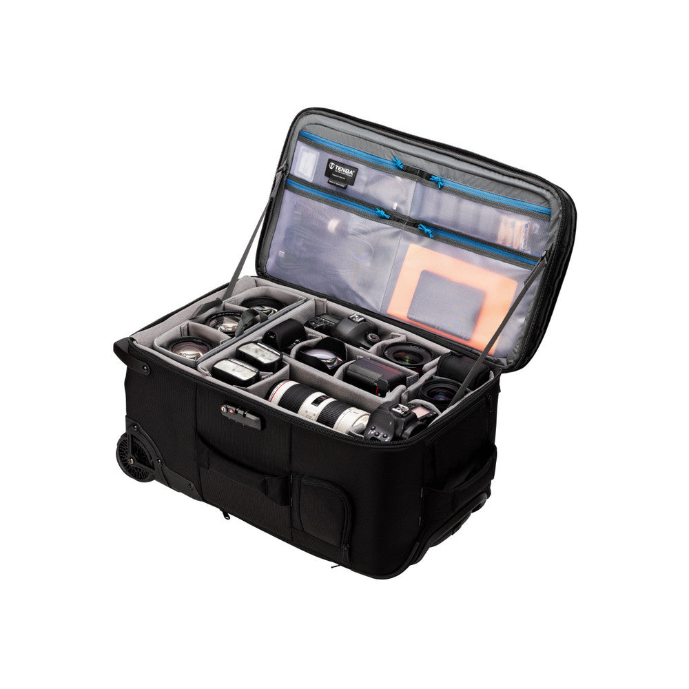 Tenba Roadie Roller 24 (Black) — professional rolling camera case with customizable dividers, wheels, and weatherproof materials for travel protection