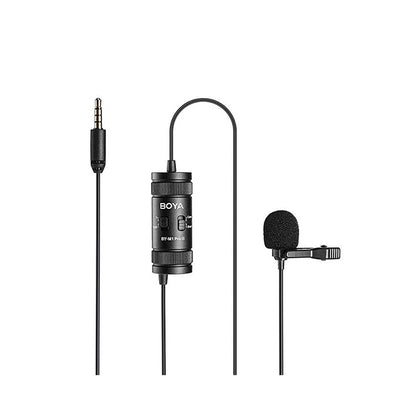 Boya BY-M1PRO II Lavalier Microphone, omnidirectional, compatible with smartphones, DSLRs, and audio recorders, 6m cable, plug-and-play, with camera/smartphone mode switch and 3.5mm headphone monitoring jack.
