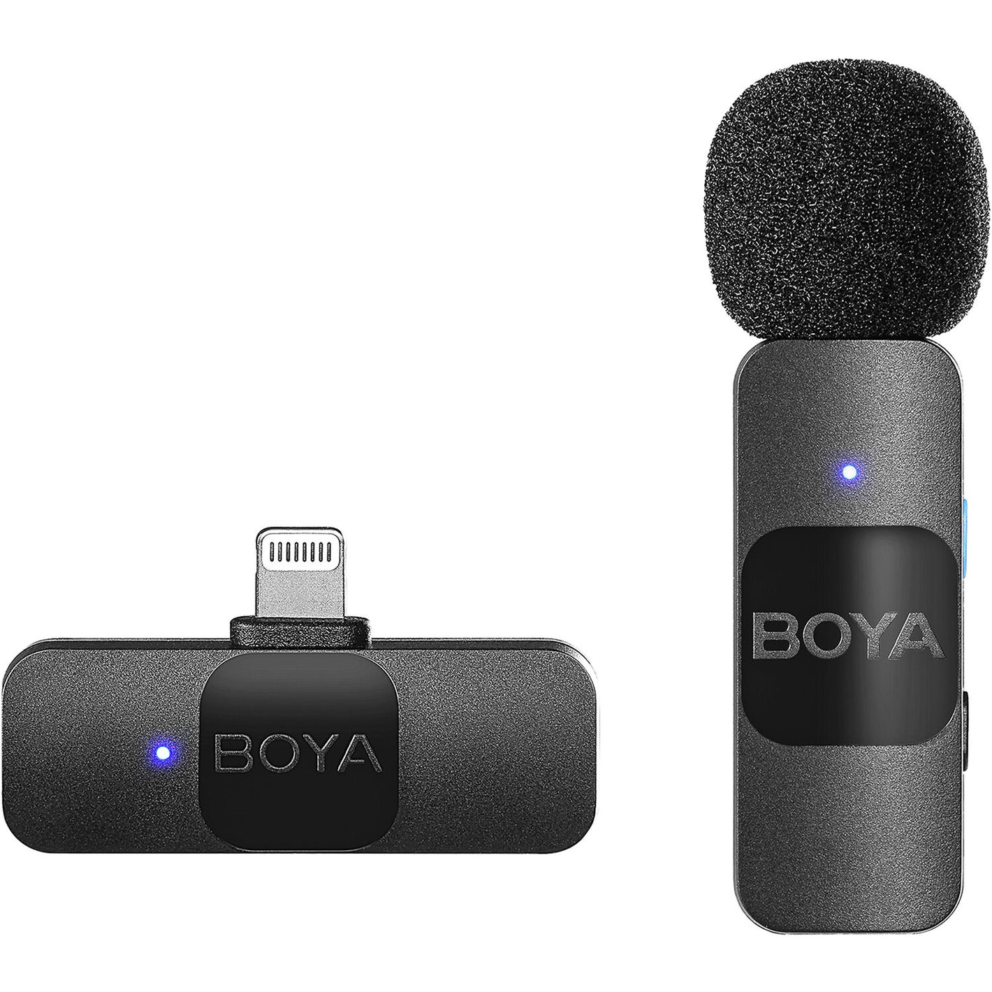 Boya BY-V2 Wireless Microphone - ultra-compact dual-channel mic system with Lightning connector for iPhones, ideal for mobile content creation.