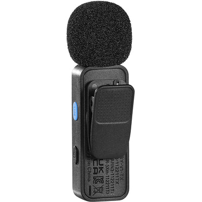 Boya BY-V2 Wireless Microphone - ultra-compact dual-channel mic system with Lightning connector for iPhones, ideal for mobile content creation.