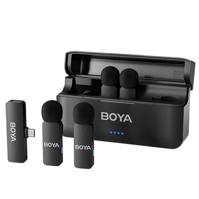 Boya BY-V4U Four-channel Wireless Microphone System (USB-C) with 4 transmitters, 200m range, plug-and-play USB-C receiver, dual noise cancellation, 6-hour battery life, and omnidirectional mics for clear audio recording.