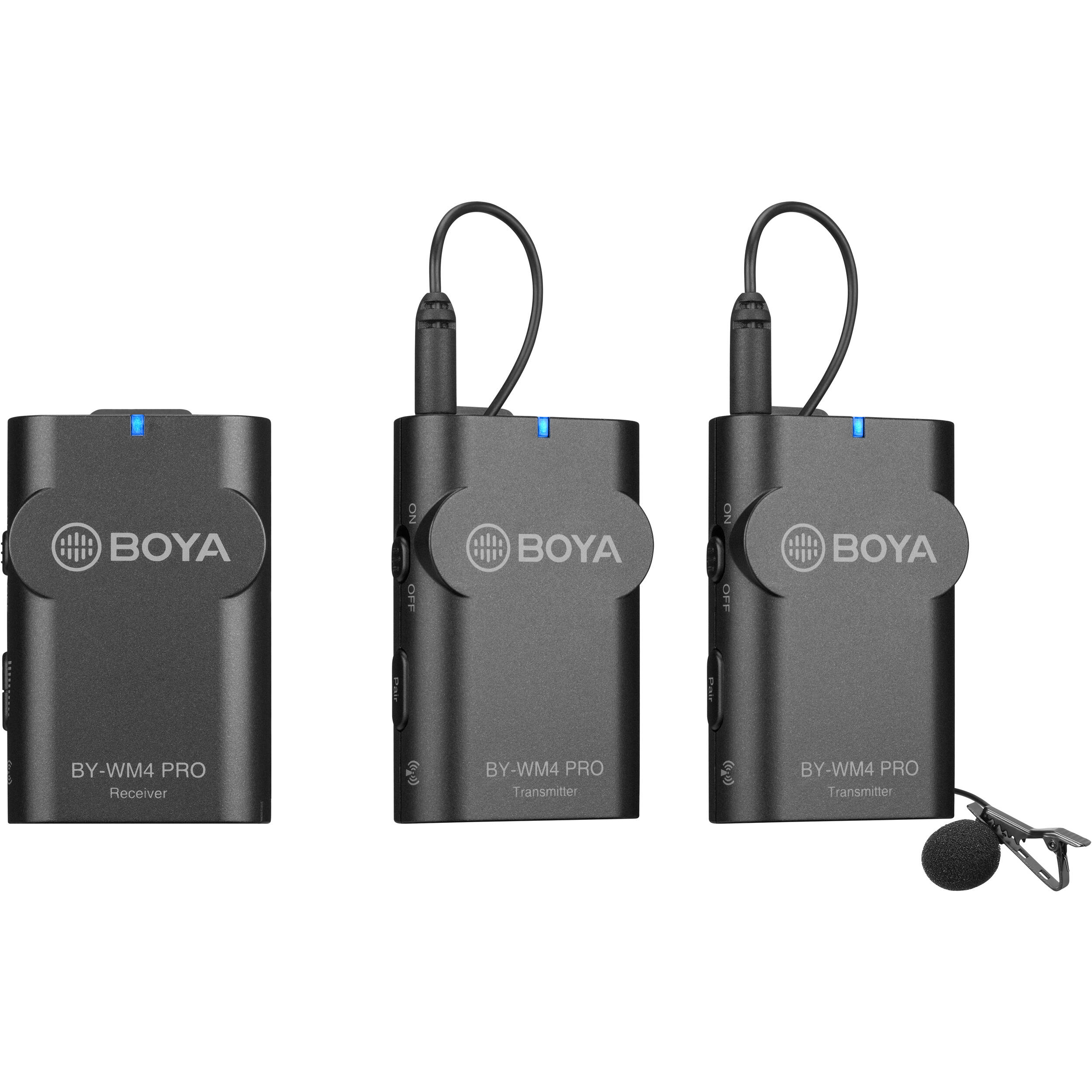 BOYA BY-WM4 PRO-K2 dual wireless lavalier kit with 2 mics and 2 bodypack transmitters
