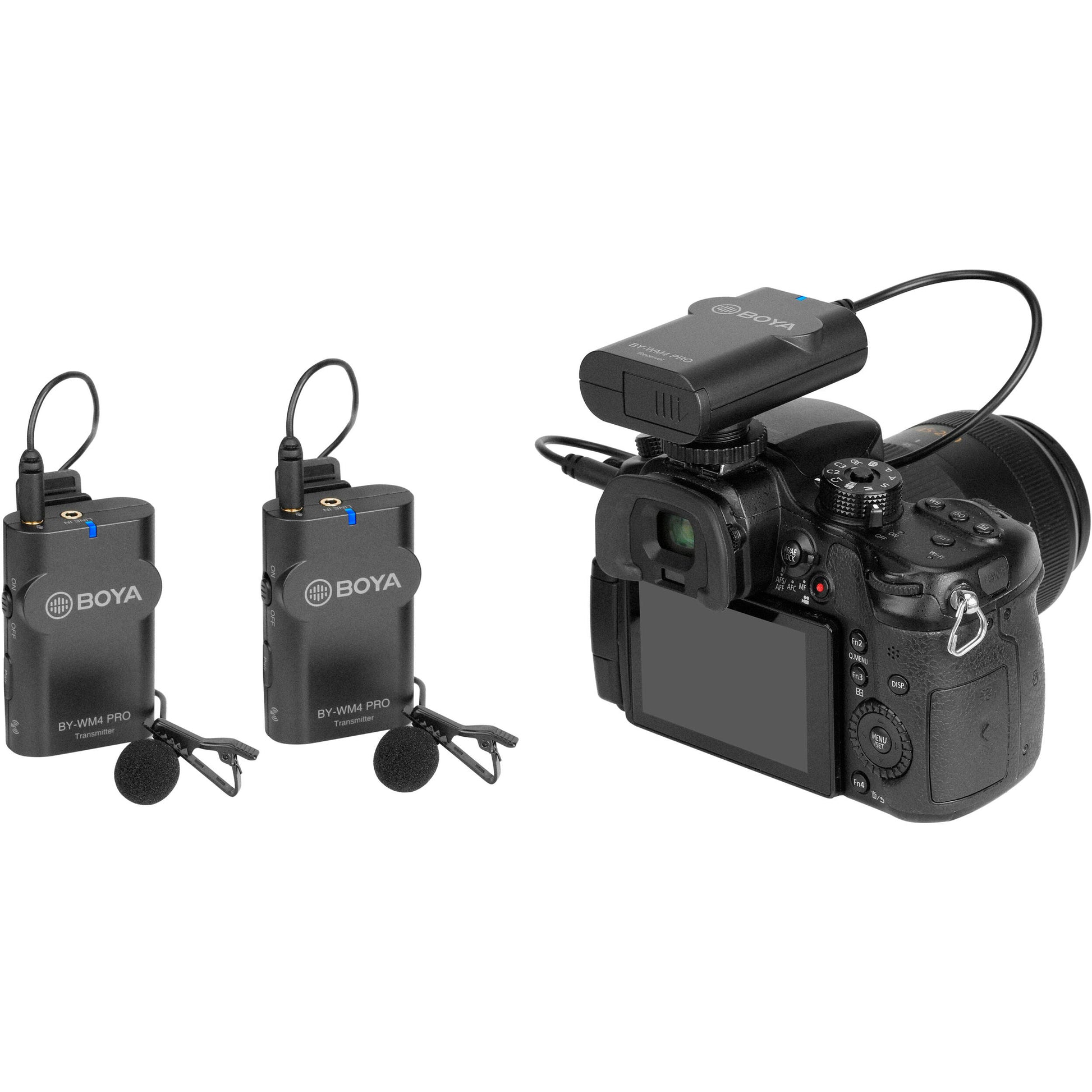BOYA BY-WM4 PRO-K2 dual wireless lavalier kit with 2 mics and 2 bodypack transmitters
