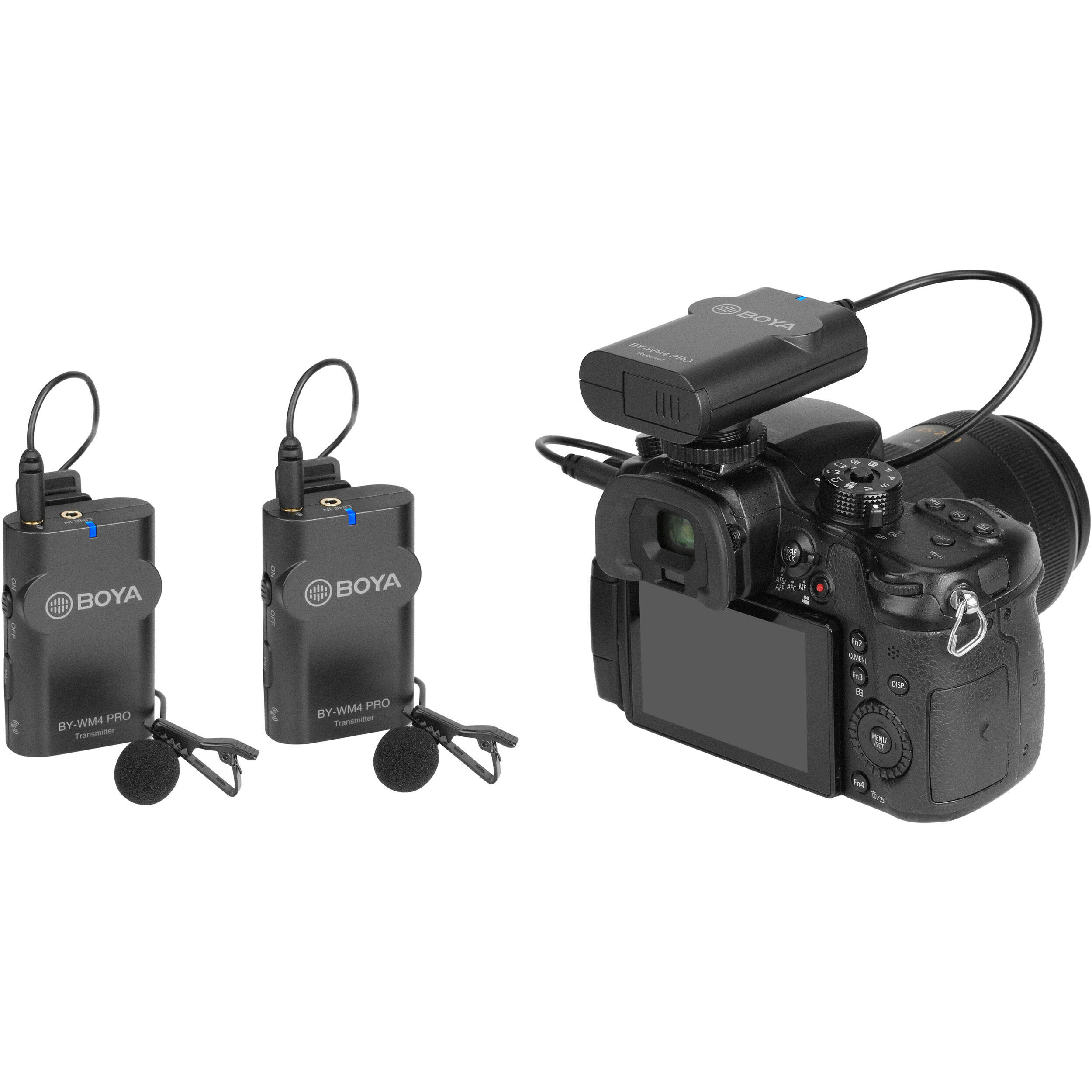 BOYA BY-WM4 PRO-K2 dual wireless lavalier kit with 2 mics and 2 bodypack transmitters
