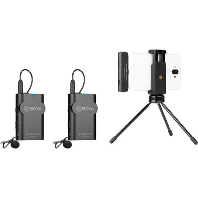 BOYA wireless microphone system with receiver, transmitter, and smartphone holder on a white background