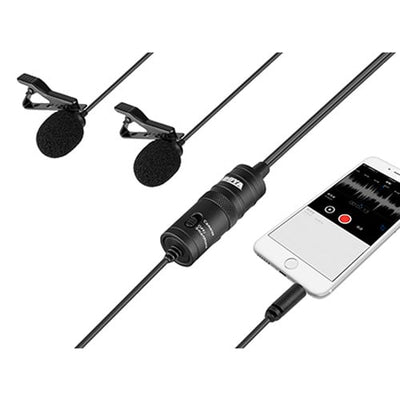 Lavalier microphone with clip and smartphone showing audio recording app on a white background