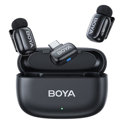 Boya Mini-14 Ultra-Mini Wireless Microphone System (USB-C), featuring 2 compact 5g transmitters, 1 USB-C receiver, 3-level noise cancellation, 3 voice changer modes, 48 kHz/16-bit audio, up to 100m wireless range, and 6-hour battery life with charging case.