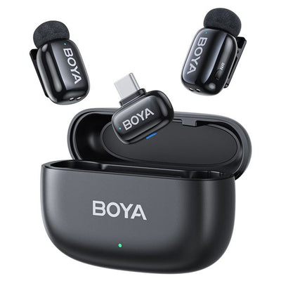 Boya Mini-14 Ultra-Mini Wireless Microphone System (USB-C), featuring 2 compact 5g transmitters, 1 USB-C receiver, 3-level noise cancellation, 3 voice changer modes, 48 kHz/16-bit audio, up to 100m wireless range, and 6-hour battery life with charging case.