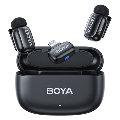 Boya Mini-15 Ultra-Mini Wireless Microphone System (iOS Lightning) with 2 ultra-compact 5g transmitters, 1 Lightning receiver, 3-level noise cancellation, 3 voice changer modes, 48kHz/16-bit audio, up to 100m range, 6-hour battery life (30 hours with charging case).
