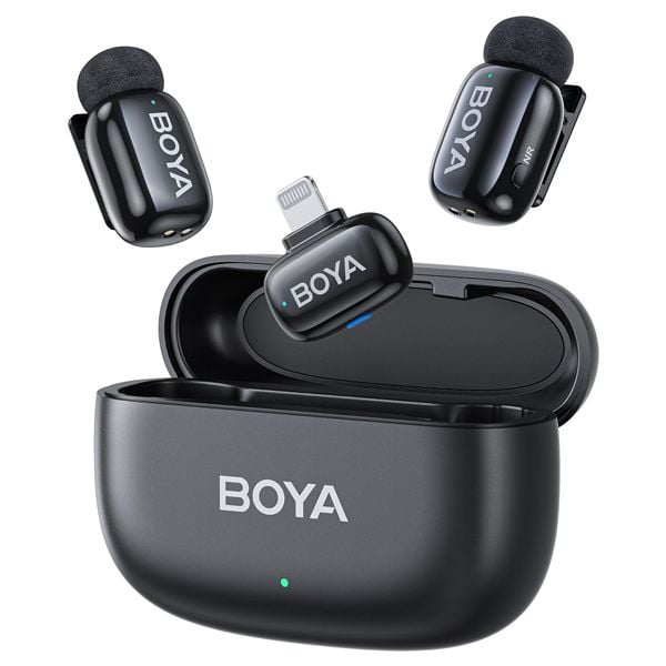 Boya Mini-15 Ultra-Mini Wireless Microphone System (iOS Lightning) with 2 ultra-compact 5g transmitters, 1 Lightning receiver, 3-level noise cancellation, 3 voice changer modes, 48kHz/16-bit audio, up to 100m range, 6-hour battery life (30 hours with charging case).