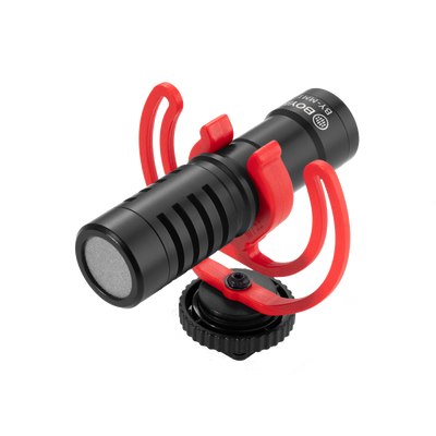 Boya Mini BY-MM1 microphone with shock absorbing bracket that goes onto a hotshoe.