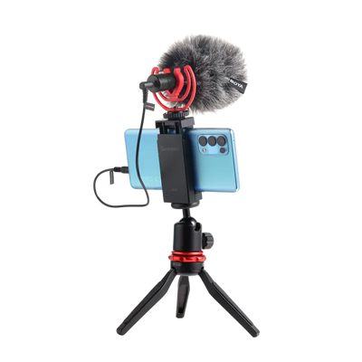 Boya microphone used with a phone as an example.