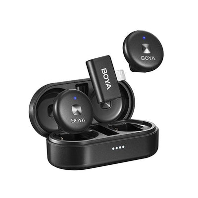 Boya Omic-D Ultra-compact Wireless Mic (Lightning) with 2.4GHz wireless, iOS Lightning receiver, 5+ hours battery life (15 hours with charging case), noise cancellation, 50m range, and USB-C charging case with wireless charging.