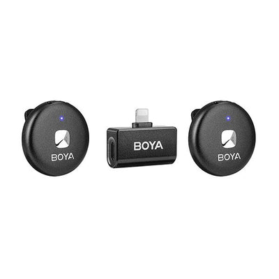 Boya Omic-D Ultra-compact Wireless Mic (Lightning) with 2.4GHz wireless, iOS Lightning receiver, 5+ hours battery life (15 hours with charging case), noise cancellation, 50m range, and USB-C charging case with wireless charging.