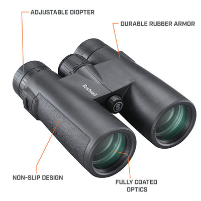 Bushnell 10x42 black binoculars with multi-coated lenses, and centre focus wheel.