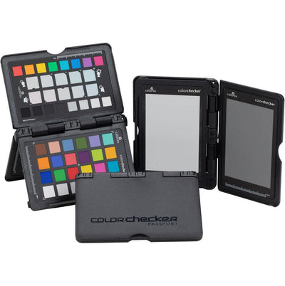 ColorChecker passport with color swatch chart and gray card on a white background