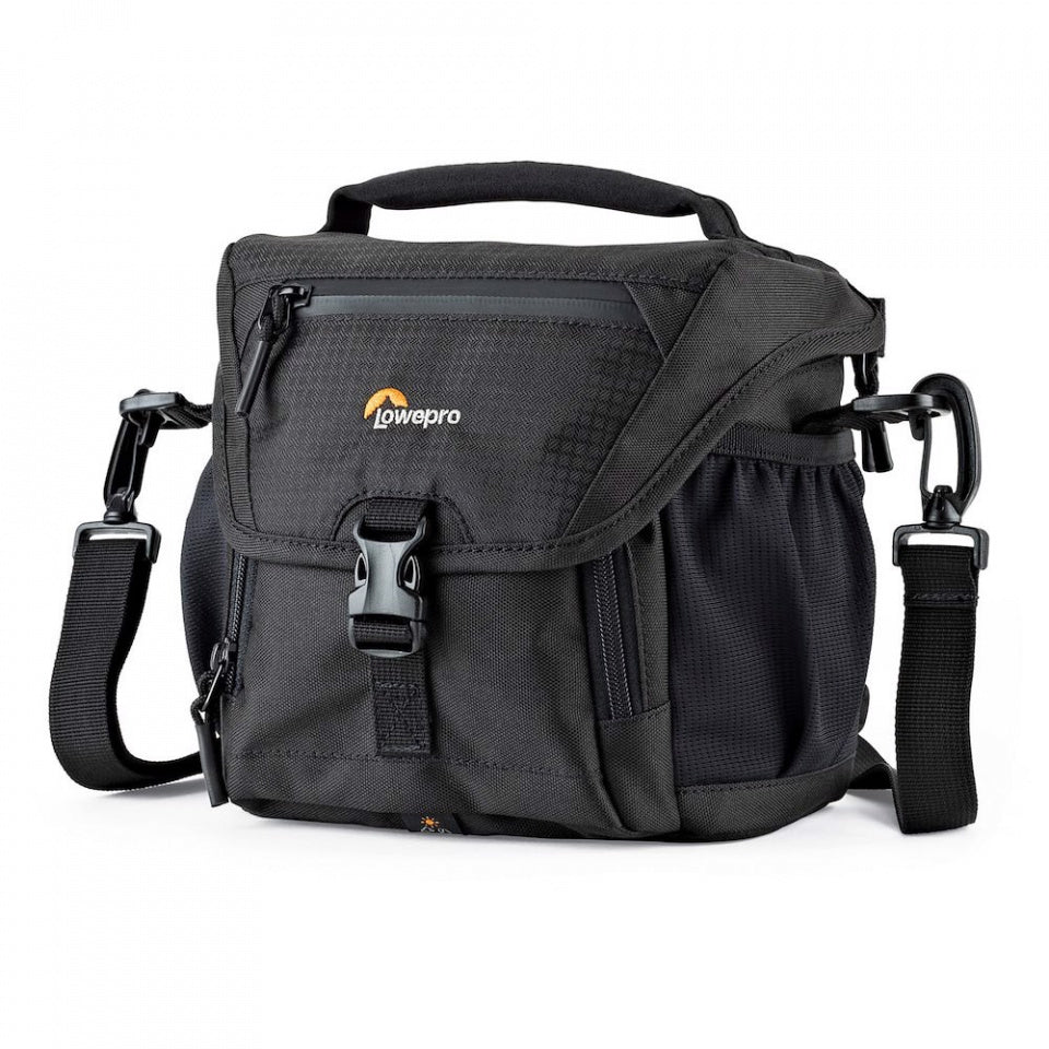 Lowepro Nova 140 AW II: compact all-weather shoulder bag for DSLR or mirrorless with lens and flash. Durable, protective and travel-ready.