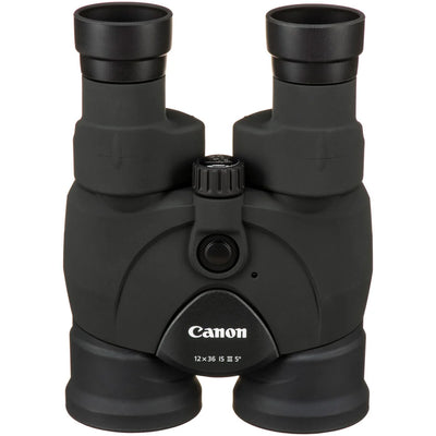 Canon 12x36 IS III binoculars with rubber grip and large lenses for steady outdoor viewing.