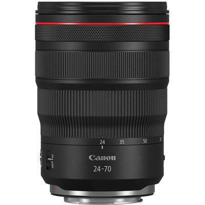 Canon camera lens with focus scale on a white background