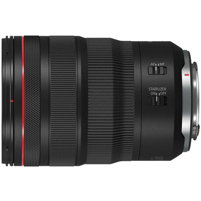 Camera lens with black and red design on a white background