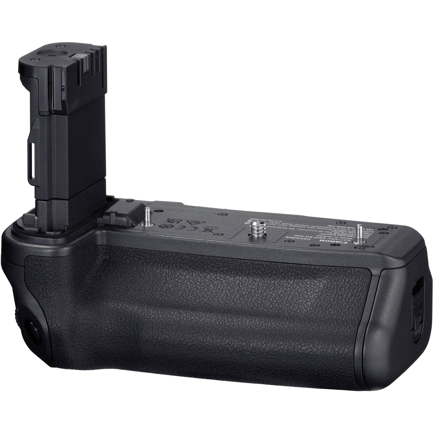 Black camera battery grip on a white background