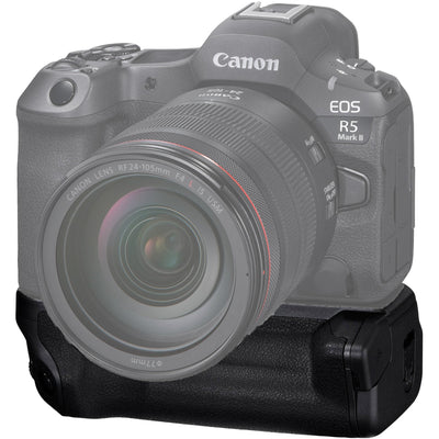 Canon BG-R20EP Battery Grip for EOS R5 II/R5/R6 II/R6, holds up to two LP-E6 series batteries for extended shooting, features 2.5G Base-T Ethernet port for high-speed data transfer, improved ergonomics for vertical shooting, dust and drip-resistant design, and supports in-camera USB recharging.